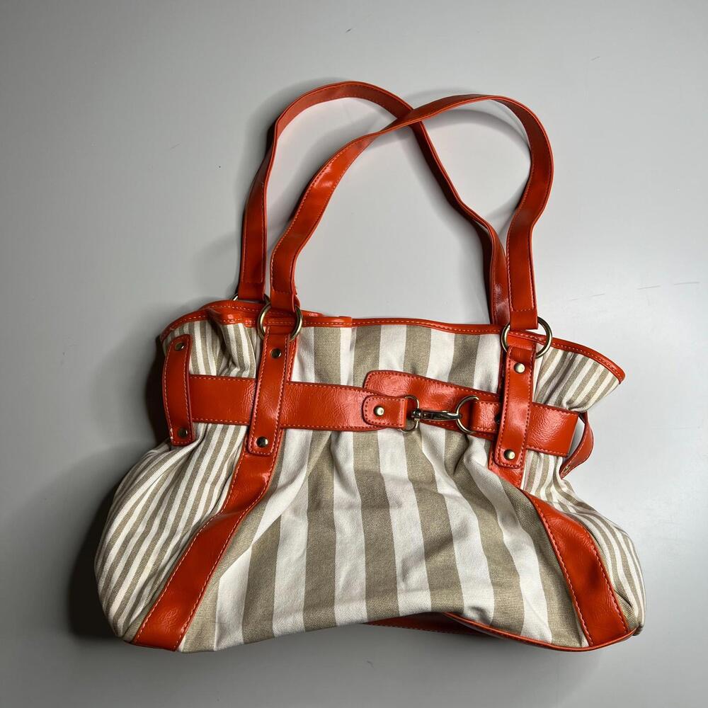 Avon Striped Shoulder Bag Tan White with Orange Faux Leather Trim & Handles